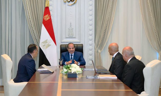 President Abdel Fattah El-Sisi meets Prime Minister Mostafa Madbouly and Education Minister Mohamed Abdel Latif to review international partnersips in education, 26 July 2026. Presidency