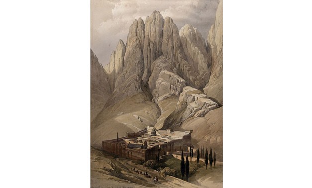 Monastery of St. Catherine beneath Mount Sinai. Coloured lithograph by Louis Haghe after David Roberts, 1849 - Welcome Images via Commons Wikimedia