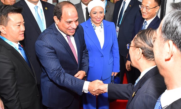 President Abdel Fatah al-Sisi (L), his wife Intissar al-Sisi (R) during welcome ceremonies in China's Xiamen on September 3, 2017