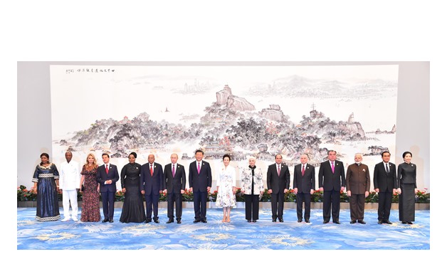 President Sisi, first lady of Egypt along with other world leaders with thier wives pose for a photo in the 9th BRIC Summit in China's Xiamen- press photo