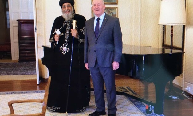 Pope Tawadros II in his Holiness meeting with the Governor-General of Australia, His Excellency General the Honourable Sir Peter Cosgrove AK MC (Retd) - pope's official Facebook 
