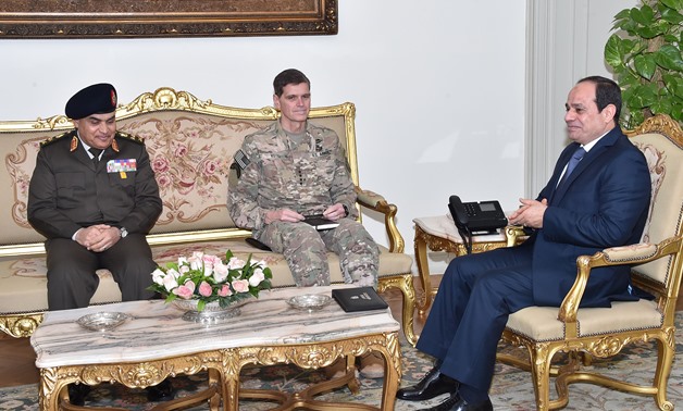 President Sisi (R) meets with U.S. CENTCOM Commander General Votel (C) and Minister of Defense and Military Production, Colonel General Sedki Sobhi on February 26, 2017- press photo