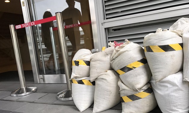 Sandbags are prepared ahead of Typhoon Talim in a landmark building Taipei 101 in Taipei, Taiwan September 13, 2017. REUTERS/Tyrone Siu
