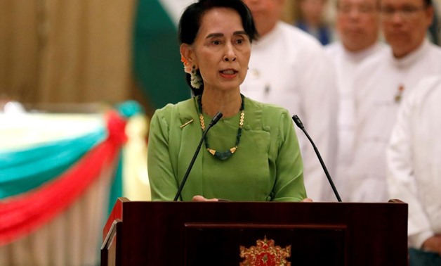 FILE PHOTO: Myanmar State Counselor Aung San Suu Kyi talks during a news conference with India's Prime Minister Narendra Modi in Naypyitaw, Myanmar September 6, 2017. REUTERS/Soe Zeya Tun