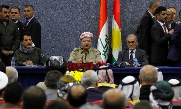 President of the Kurdistan Region of Iraq Massoud Barzani sits with Kirkuk Governor Najmaldin Karim (R) during his visit in Kirkuk, Iraq, Sept. 12, 2017. REUTERS.Ako Rasheed