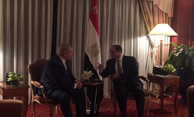 President Abdel Fatah al-Sisi talks with the Israeli Prime Minister Benyamin Netanyahu at his- Sisi’s- residence in New York - Press Photo

