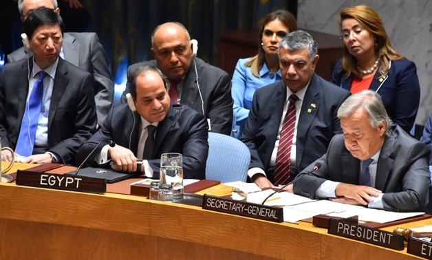 File-  President Abdel Fatah al-Sisi (L), UN Secretary General António Guterres (R) during the meeting of UNSC