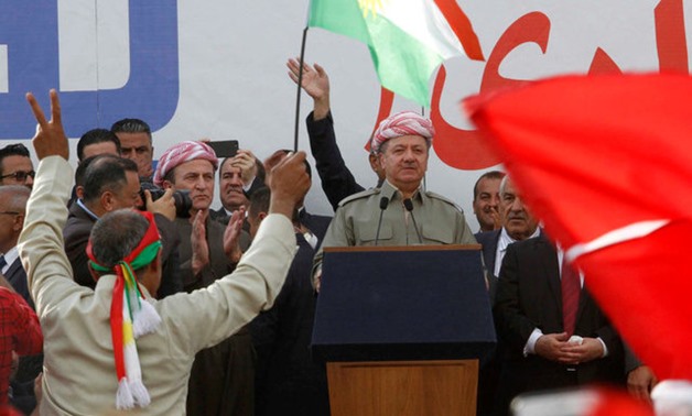 raqi Kurdish President Masoud Barzani speaks to the crowd while attending a rally to show their support for the upcoming September 25th independence referendum in Sulaimania - REUTERS