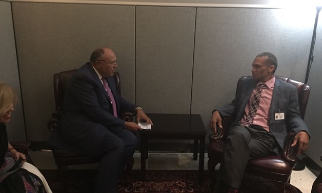  Foreign Minister Sameh Shoukry with his Republic of Trinidad and Tobago’s counterpart Dennis Moses on September 21, 2017 in New York City- Press Photo