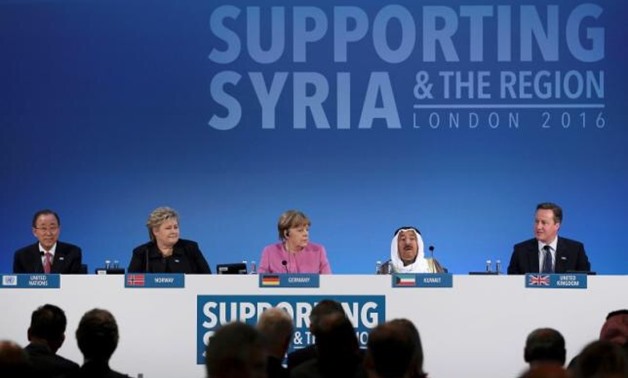 CO-HOSTS OF THE DONORS CONFERENCE FOR SYRIA IN LONDON: UNITED NATIONS SECRETARY-GENERAL BAN KI-MOON, NORWAY'S PRIME MINISTER ERNA SOLBERG, GERMAN CHANCELLOR ANGELA MERKEL, AND THE EMIR OF KUWAIT, SHEIKH SABAH AL-AHMAD AL-SABAH (L-R). © REUTERS
