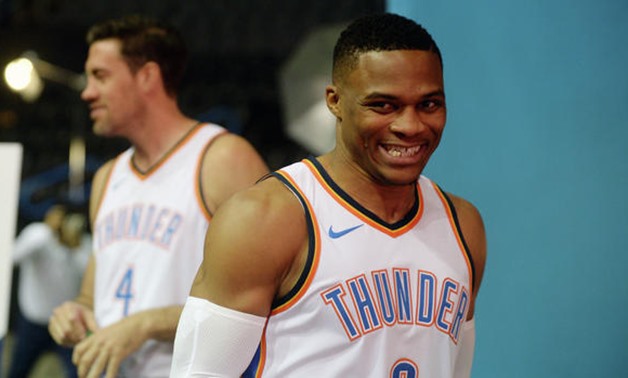 Oklahoma City Thunder guard Russell Westbrook (0) smiles during the Oklahoma City Thunder Media Day Sept. 25 at Chesapeake Energy Arena -AFP