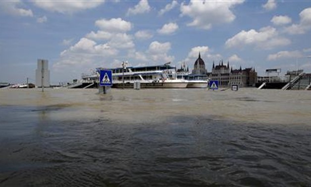 Traffic signs emerge from the river banks of the swollen Danube River in Budapest June 9, 2013. REUTERS/Laszlo Balogh