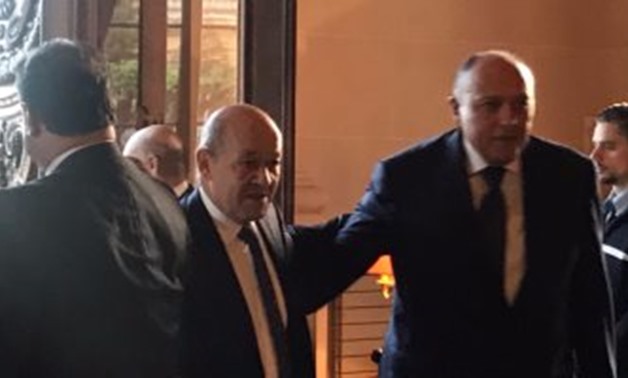 Egyptian Foreign Minister Sameh Shoukry  with his French counterpart Jean-Yves Le Drian in Paris on Friday -File Photo