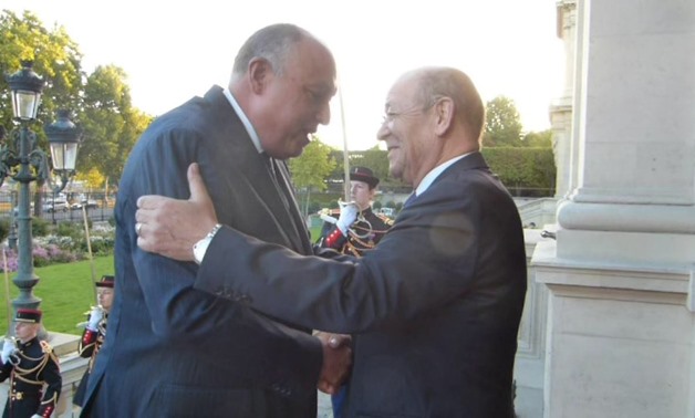  Egyptian Foreign Minister Sameh Shoukry and Minister of Europe and French Foreign Affairs minister Jean Yves Le Derian in Paris on October 6, 2017- Press Photo
