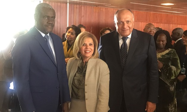Egypt's nominee for UNESCO director-general Moushira Khattab, Egyptian Foreign Minister Sameh Shoukry (R) and Moussa Faqih, head of the African Union Commission - Press photo