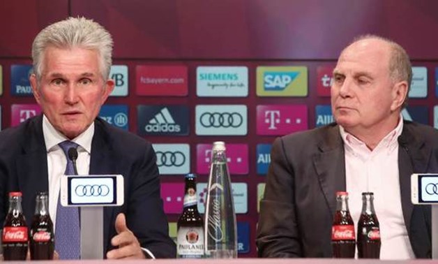  Bayern Munich news conference - Allianz Arena, Munich, Germany, October 9, 2017 - Bayern Munich's new coach Jupp Heynckes and club's president Uli Hoeness attend a news conference. REUTERS/Michael Dalder