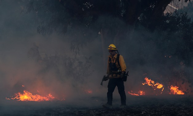 A firefighter works to put out hot spots on a fast moving wind driven wildfire in Orange, California, U.S., October 9, 2017. REUTERS/Mike Blake