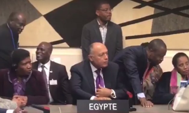 File- Screen Shot for Egyptian Foreign Minister Sameh Shoukry during from the African group's meeting at UNESCO in Paris to announce support for Egypt's nominee Moushira Khattab.jpg