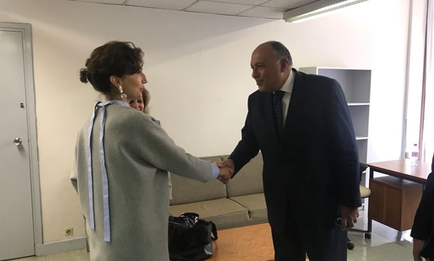 Egypt's Foreign Minister Sameh Shoukry welcoming French Candidate Audrey Azoulay after reaching final round with the Qatari candidate running for UNESCO top post - Photo by Egypt Today 