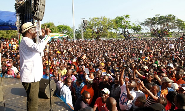Kenyan opposition leader Raila Odinga, the presidential candidate of the National Super Alliance (NASA) coalition addresses supporters during a rally in Mombasa, Kenya October 15, 2017. REUTERS/Joseph Okanga