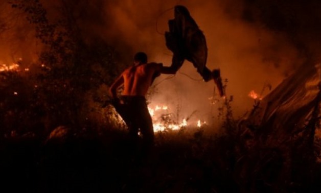 A man fights the flames in Vigo, in the Spanish region of Galicia, which is battling 15 separate wildfires