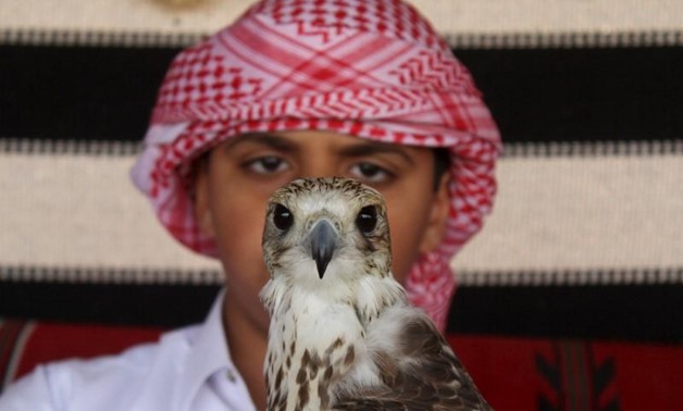 A boy holds a falcon during Qatar International Falcons and Hunting Festival at Sealine desert, Qatar January 29, 2016-REUTERS