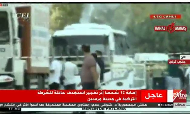 A police vehicle in Turkey's southern province of Mersin was hit in a bomb attack on Tuesday - screen shot from Extra news