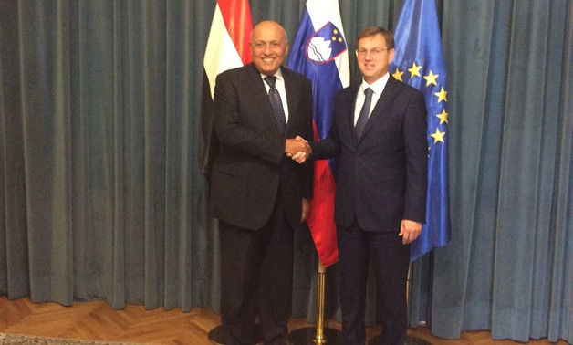 Egyptian Foreign Minister Sameh Shoukry and Slovenia's Prime Minister Miro Cerar - Press Photo