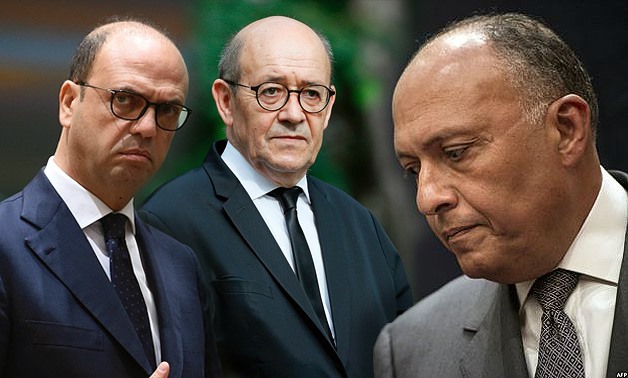 (L to R) Foreign Ministers of Italy, France and Egypt; Angelino Alfano, Jean-Yves Le Drian and Sameh Shoukry – Photo compiled by Egypt Today/Mohamed Zain