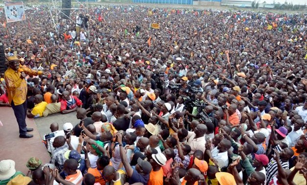 Kenyan opposition leader Raila Odinga addresses supporters during a rally to celebrate the country's Mashujaa Day celebrations in Kisumu - REUETRS