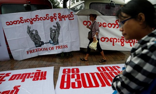 
Reporters protest as they call on Myanmar government and military authorities to release reporters who were arrested in Yangon, Myanmar June 30, 2017.
