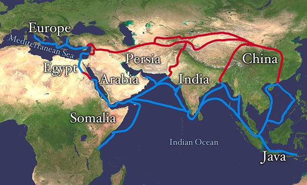 Extent of Silk Route/Silk Road. Red is land route and the blue is the sea/water route - Wikimedia commons 