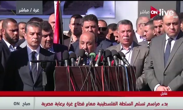 Mofeed Al-Hasayneh, the Palestinian minister for public works and housing, delivered a speech during a press conference announcing the delivering of Gaza crossings - Screen shot of ONTV