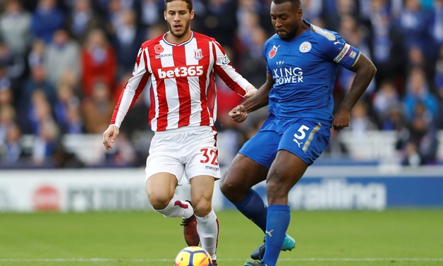 Stoke City's Ramadan Sobhi in action with Leicester City's Wes Morgan Action Images via Reuters/Carl Recine