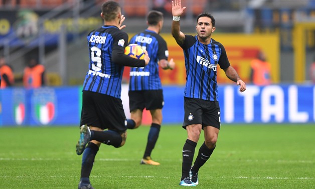 Inter Milan's Eder celebrates with Mauro Icardi scoring their first goal REUTERS/Alberto Lingria