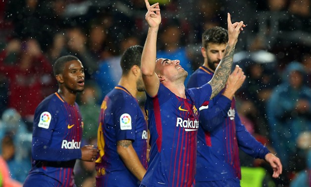 Barcelona’s Paco Alcacer celebrates scoring their second goal REUTERS/Albert Gea