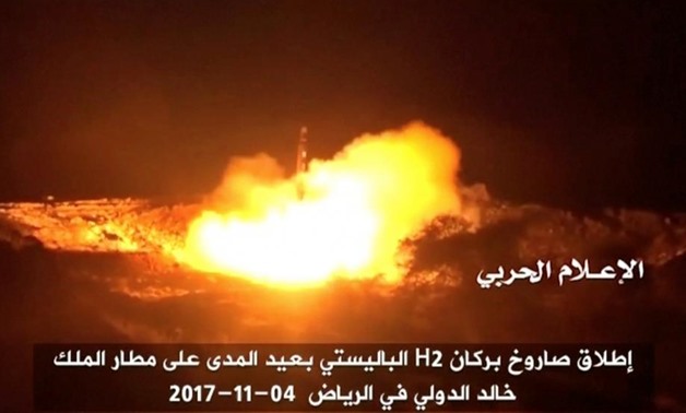 A still image taken from a video distributed by Yemen's pro-Houthi Al Masirah television station on November 5, 2017, shows what it says was the launch by Houthi forces of a ballistic missile aimed at Riyadh's King Khaled Airport on Saturday, Houthi Milit