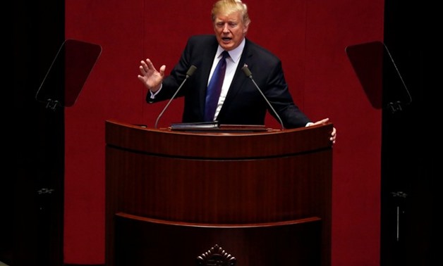 U.S. President Donald Trump speaks at the South Korean National Assembly in Seoul, South Korea, November 8, 2017. REUTERS/Jonathan Ernst
