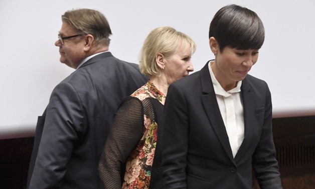 Finland's Minister for Foreign Affairs Timo Soini, Sweden's Minister for Foreign Affairs Margot Wallstrom and Norway's Minister of Foreign Affairs Ine Eriksen Soreide attend a news conference of Nordic Foreign Ministers in Helsinki - REUTERS