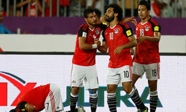 Egypt's Mohamed Salah celebrates scoring their first goal with team mates in a 1-0 World Cup qualifying win over Uganda in September (Reuters)