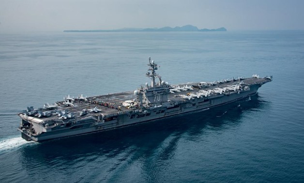 The U.S. aircraft carrier USS Carl Vinson transits the Sunda Strait, Indonesia on April 15, 2017. Picture taken on April 15, 2017.
