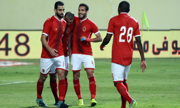 Al Ahly players celebrate scoring the fourth goal against Telephonat - Egypt Today