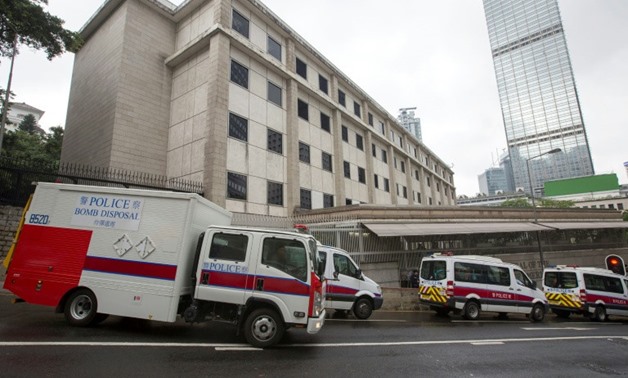 Four police vans and a bomb disposal truck were deployed at the sealed-off main entrance of the US Consulate General in Hong Kong