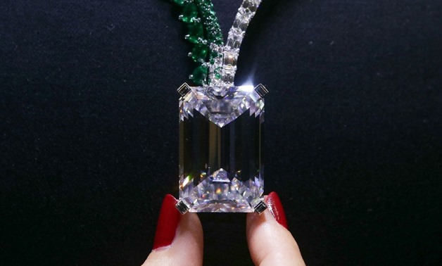 The necklace, featuring a 163.41 carat D-Colour Flawless diamond, is expected to fetch around $25 million (21.2 million euros) (AFP Photo/Daniel LEAL-OLIVAS)