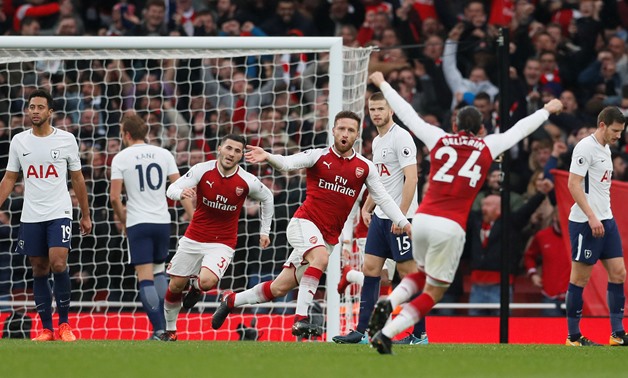 Soccer Football - Premier League - Arsenal vs. Tottenham Hotspur - Emirates Stadium, London, Britain - November 18, 2017 Arsenal's Shkodran Mustafi celebrates scoring their first goal - REUTERS/David Klein
