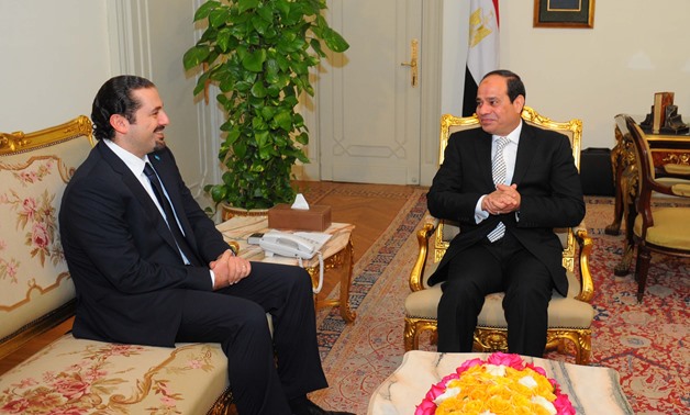 President Abdel Fatah al-Sisi with Lebanese Prime Minister and Leader of the Future Movement, Saad Al Hariri in Cairo on March 8, 2015- Press Photo