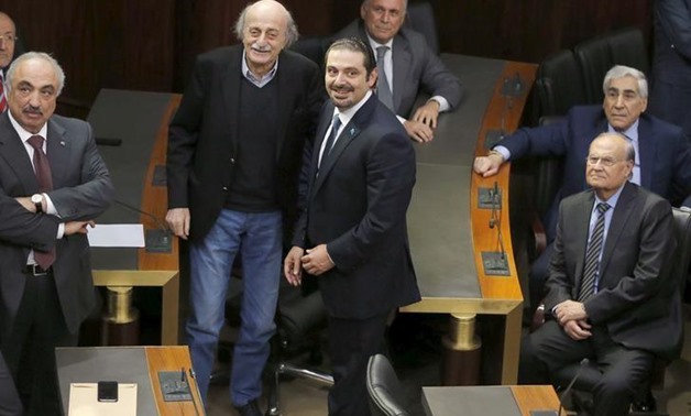 FILE PHOTO - Lebanon's Druze leader Walid Jumblatt (centre L) and Saad al-Hariri (centre R) look on during the 36th presidential election session at the parliament building in Beirut, Lebanon March 2, 2016. REUTERS/Mohamed Azakir
