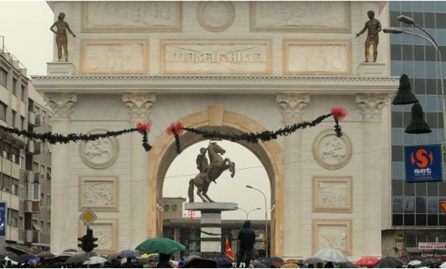 The makoever included an arch modelled on the Arc de Triomphe in Paris and a statue of Alexander the Great
ROBERT ATNASOVSKI - AFP/File