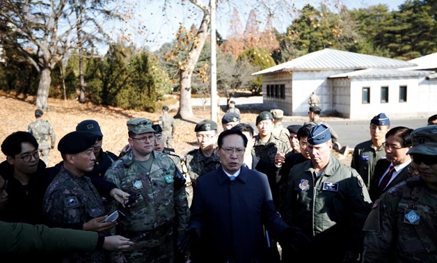 South Korean Defence Minister Song Young-moo speaks as he visits a spot where a North Korean has defected crossing the border on November 13, at the truce village of Panmunjom inside the demilitarized zone, South Korea, November 27, 2017. REUTERS/Kim Hong