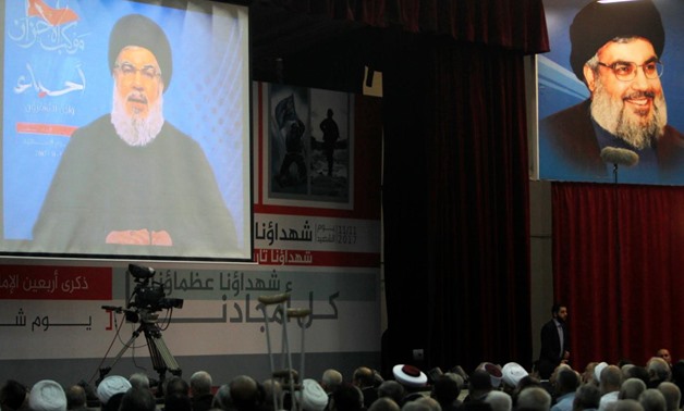 Lebanon's Hezbollah leader Hassan Nasrallah is seen as he addresses his supporters in Beirut, Lebanon November 10, 2017 - Reuters 